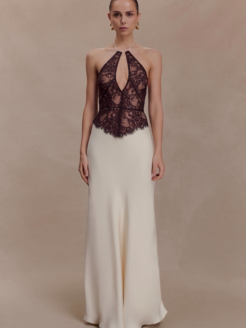 Meshki Sascha - Lace & Satin halter maxi dress - ivory/chocolate
